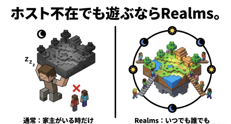 通常ワールドはホストがいる時だけ、Realmsはいつでも誰でも遊べることを示すイラスト
