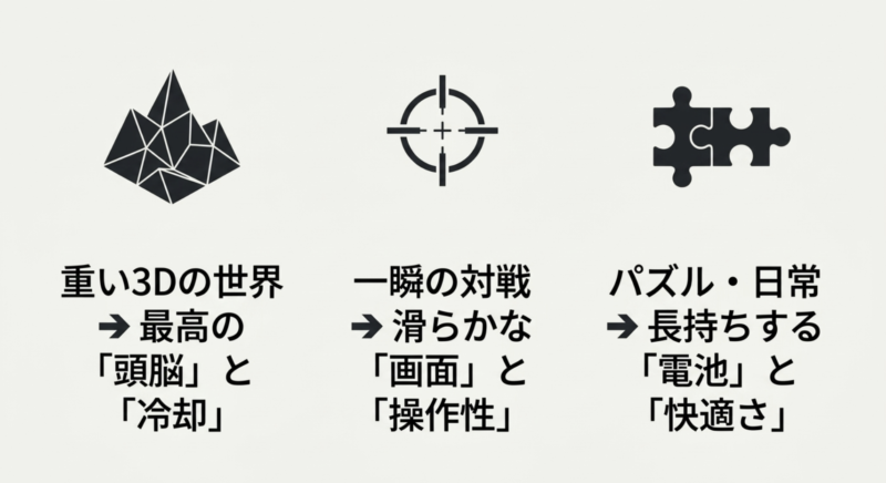 重い3Dゲーム(頭脳と冷却)、対戦ゲーム(滑らかな画面と操作性)、パズル・日常(電池持ちと快適さ)のジャンル別に重視すべきスマホ性能の図解
