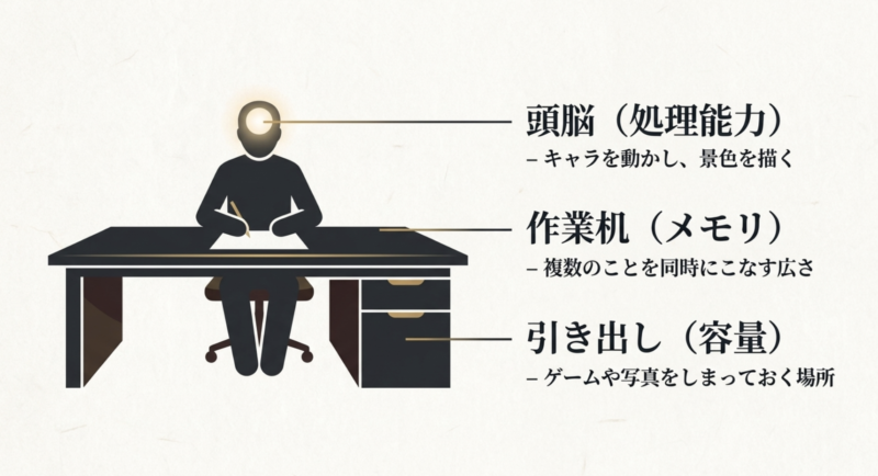 スマホの性能に関わる頭脳(処理能力・SoC)、作業机(メモリ・RAM)、引き出し(保存容量・ストレージ)の役割を例えた図解