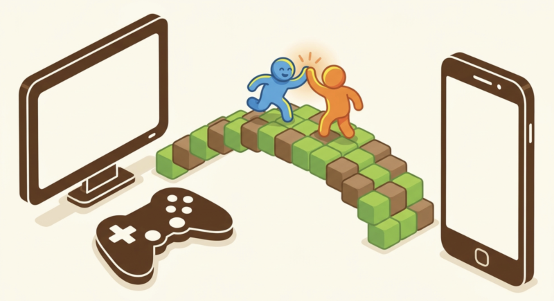 テレビ画面とスマホの間にブロックの橋が架かり、2人のキャラクターがハイタッチしているマイクラのクロスプレイイメージ