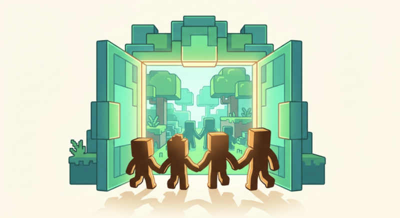 異なるゲーム機から集まったマイクラのキャラクターたちが光る扉へ入っていくイラスト