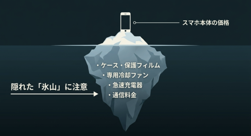 スマホ本体価格だけでなくケースや保護フィルム、専用冷却ファン、急速充電器、通信料金など隠れた費用に注意すべきことを示す氷山の図解