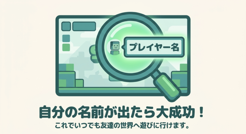 サインイン後に画面上の虫眼鏡アイコン部分に自分のプレイヤー名が表示されれば大成功であることを示す図解