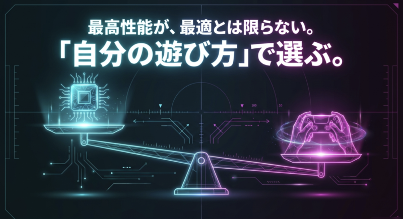 最高性能が最適とは限らないため自分の遊び方でゲーム用タブレットを選ぶ重要性を示す図解