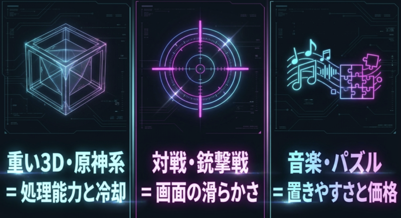 重い3Dや原神系は処理能力と冷却、対戦や銃撃戦は画面の滑らかさ、音楽やパズルは置きやすさと価格を重視するジャンル別選び方の図解