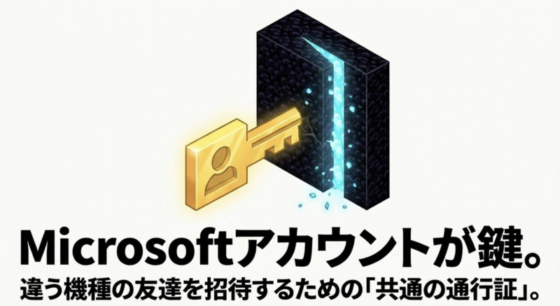 Microsoftアカウントが異なる機種間をつなぐ鍵になることを示すイラスト